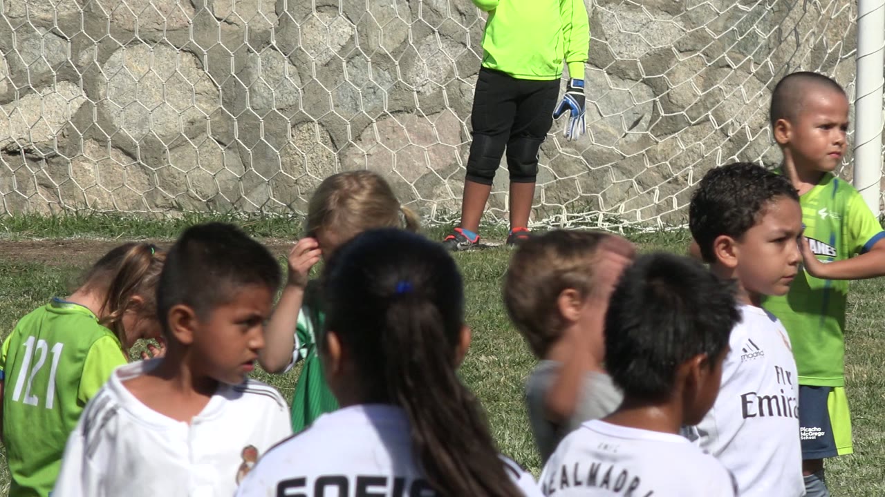 A green-uniformed child stands near children in white jerseys on the San Jose Del Cabo grass field while a goalkeeper is partly visible in the goal.