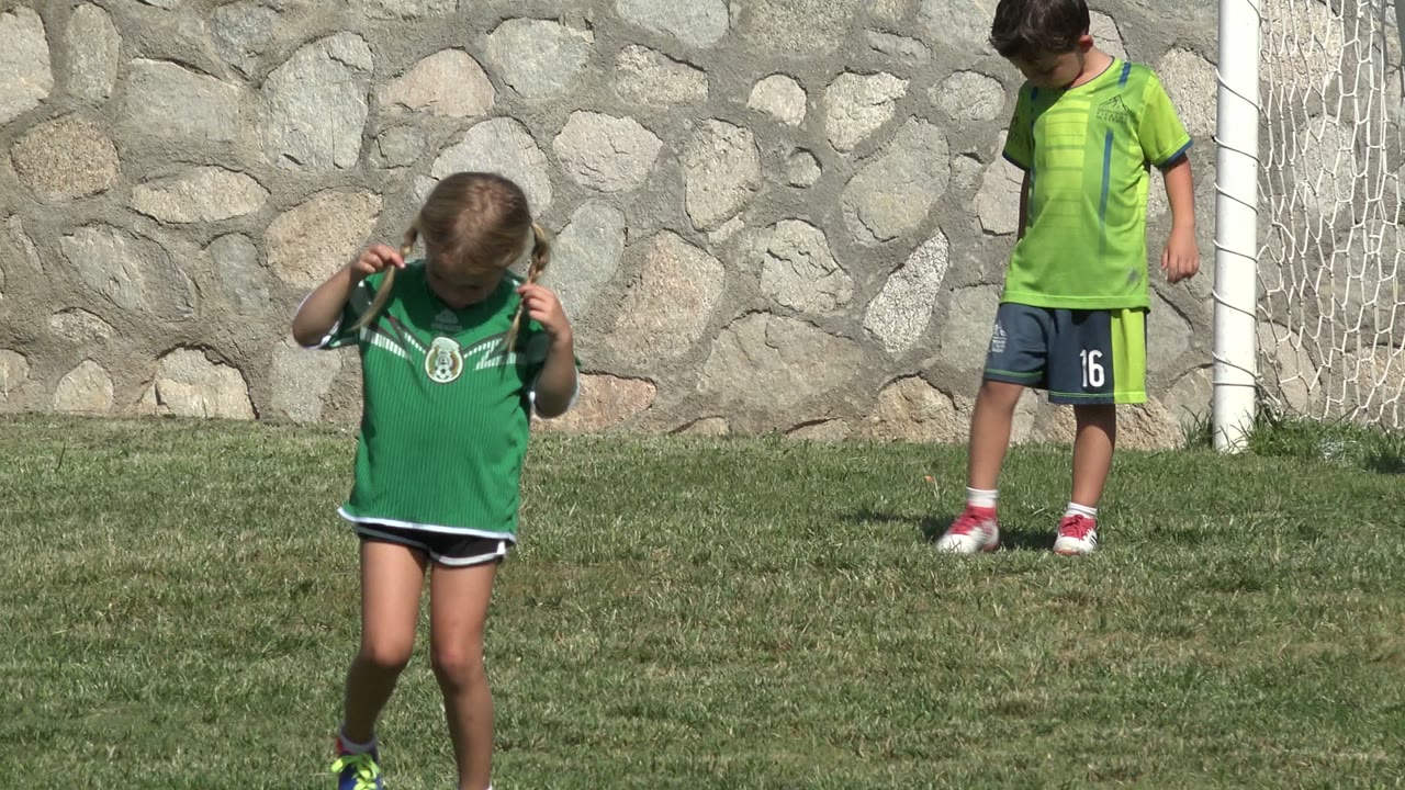 Young girl in a green soccer jersey on a grass field.