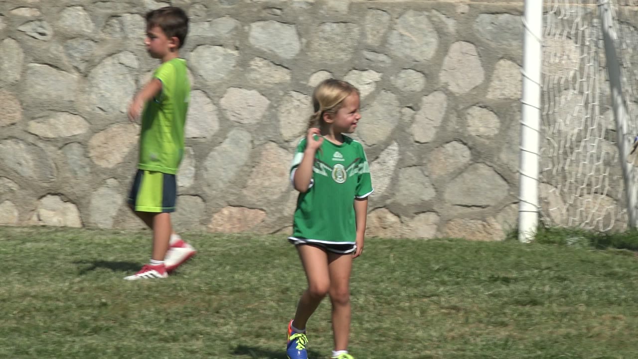 Young girl in a green soccer shirt on a grass field near a goal.