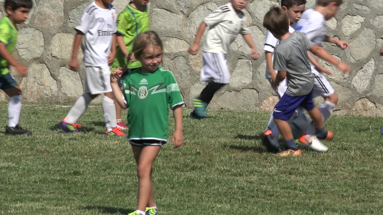 Children playing soccer on a grass field beside a stone wall.