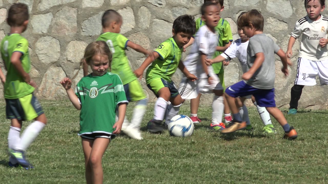 Young soccer players in green, white, and gray uniforms chase the ball across the grass in San Jose Del Cabo, Mexico, with a stone wall behind them.