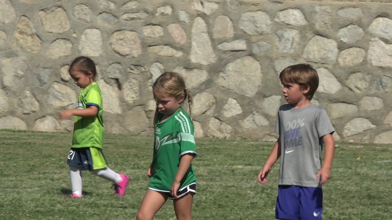 Children walking on a grass soccer field near a stone wall.
