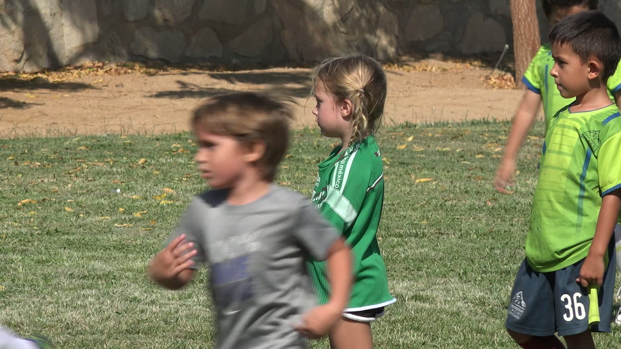In San Jose del Cabo, Mexico, children in green soccer jerseys stand on a sunlit grass field while a child in gray runs blurred across the foreground.