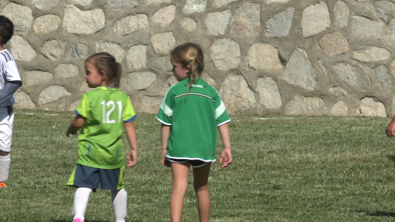 Children in green and white soccer uniforms on a grass field beside a stone wall.