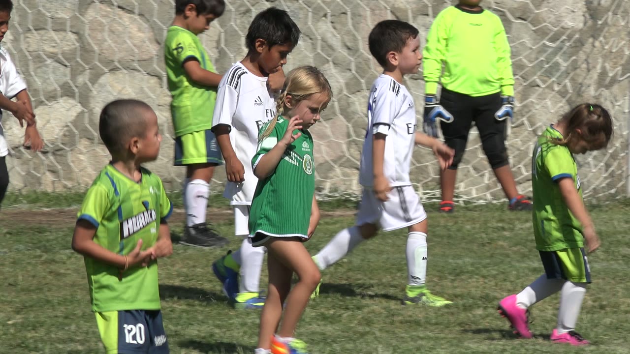 Children in green and white soccer uniforms walking near a goal.
