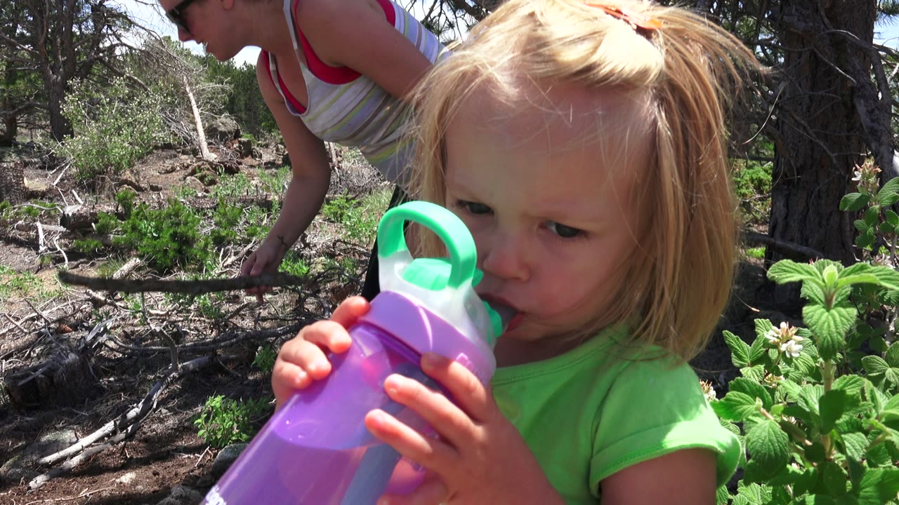In Westminster, Colorado, the child remains close in the foreground drinking from her bottle while a partially visible adult reaches down in the wooded garden behind her.
