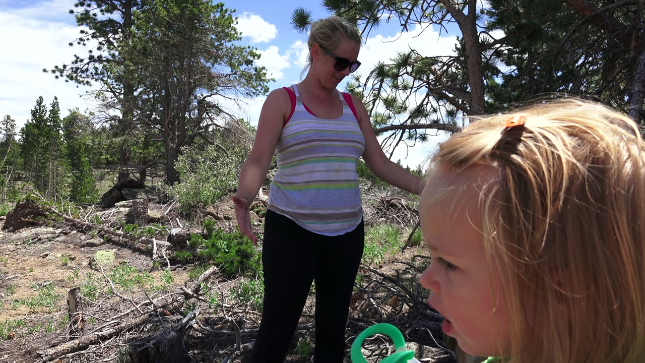 Young blonde girl near camera with adult woman standing among trees.