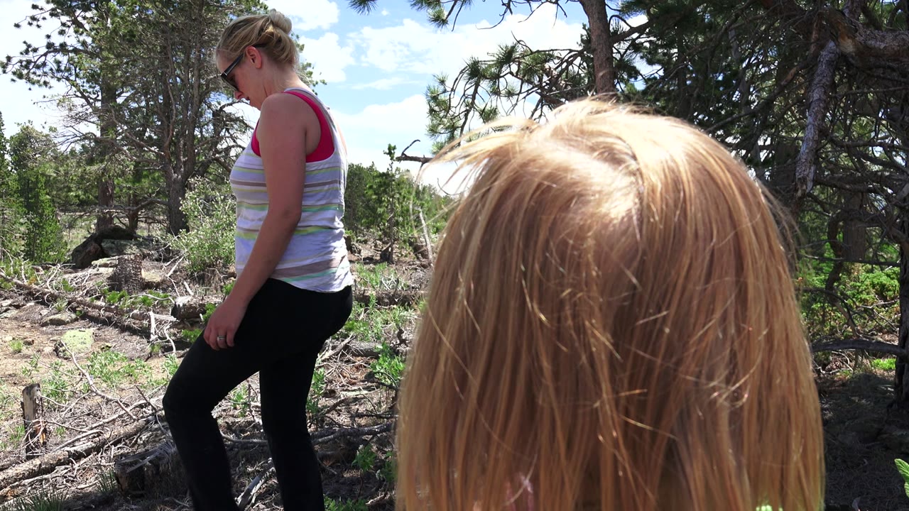 Woman and child in a wooded area with pine trees and dry branches.