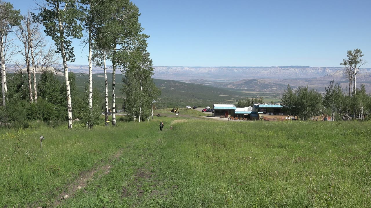 Wide grassy field with trees, distant buildings, mountains, and tiny people.