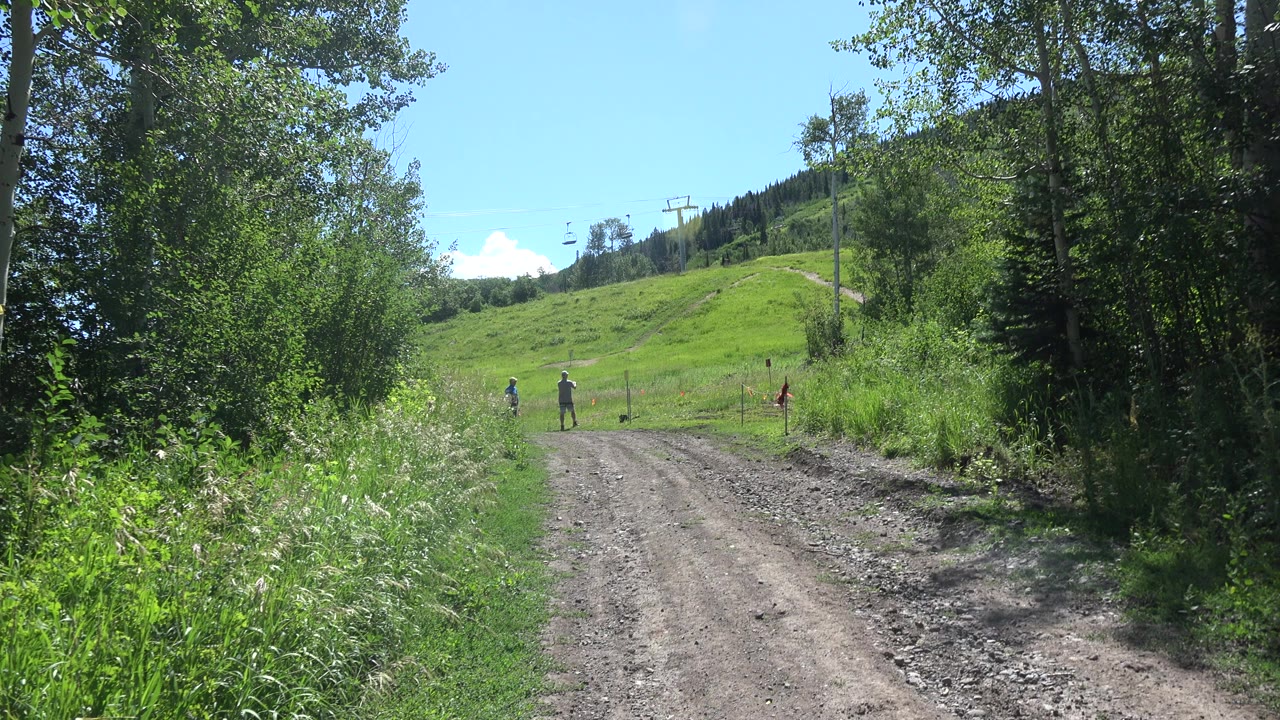 A dirt road in Mesa, Colorado leads between tall green vegetation and trees toward two distant people standing near a fence on a grassy hill.