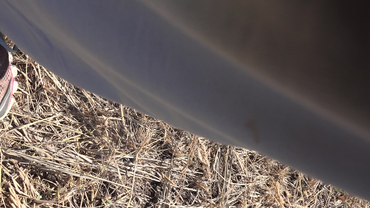 At 0:00 in Mesa, Colorado, dry straw-like grass fills the lower frame while a close dark foreground shape and the edge of a grey and pink shoe partly block the view, with no visible people.