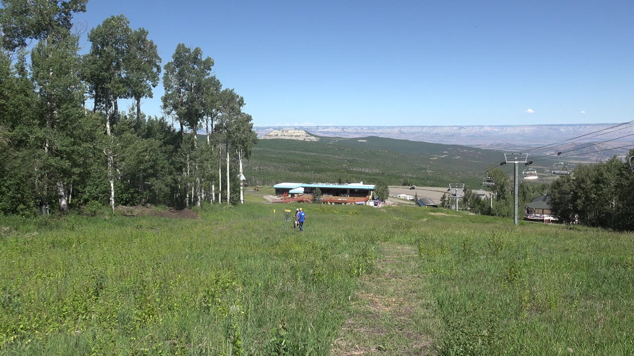 Two distant people walking through tall grass on a hillside.