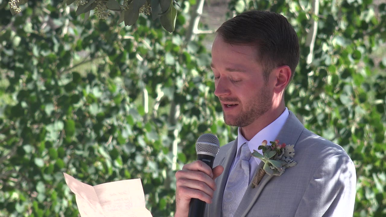 At 0:01, the groom remains in close view with his eyes lowered toward the paper while sunlight patches his gray suit and the foliage behind him.