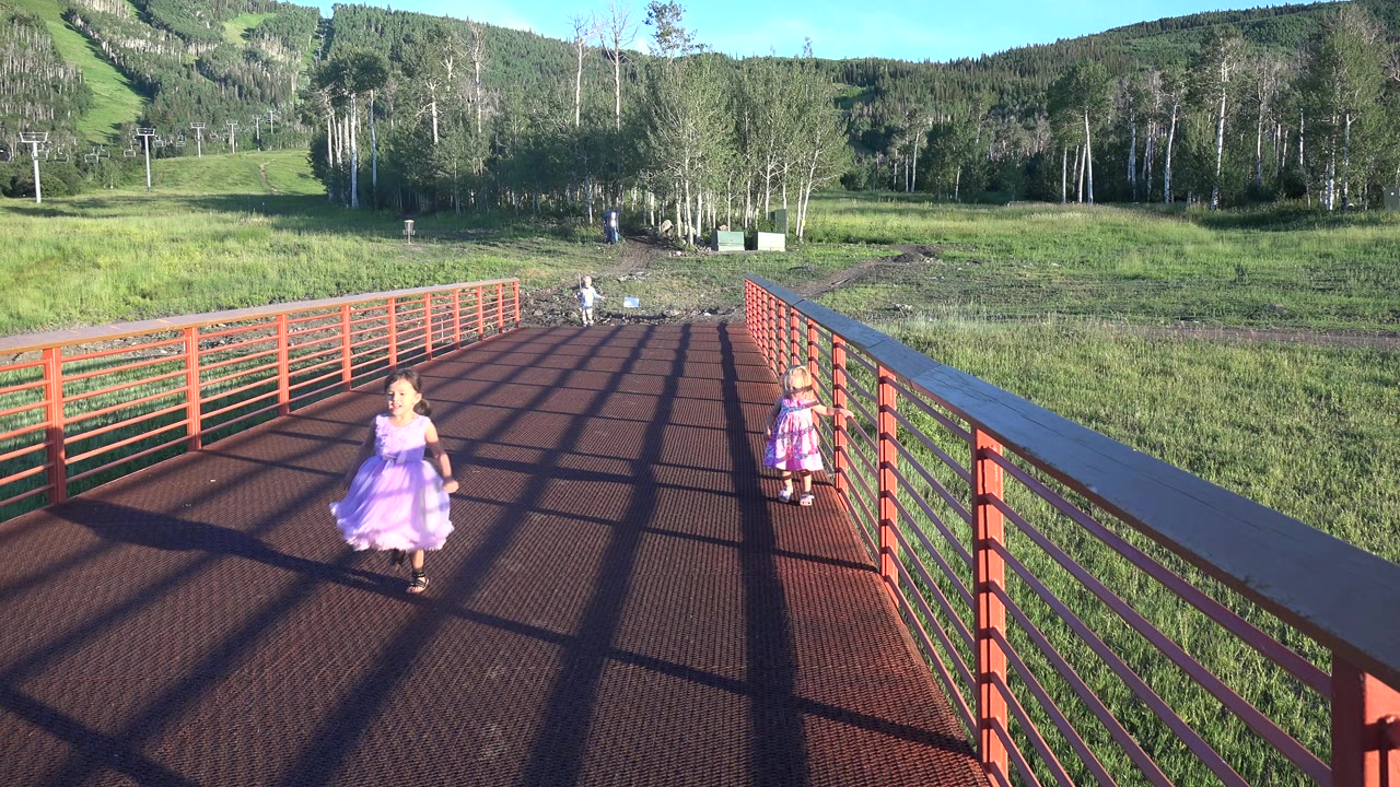 Two children on a red metal bridge beside a green field.