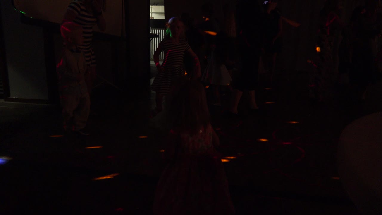 Dark dance floor with silhouetted partygoers and scattered colored lights.