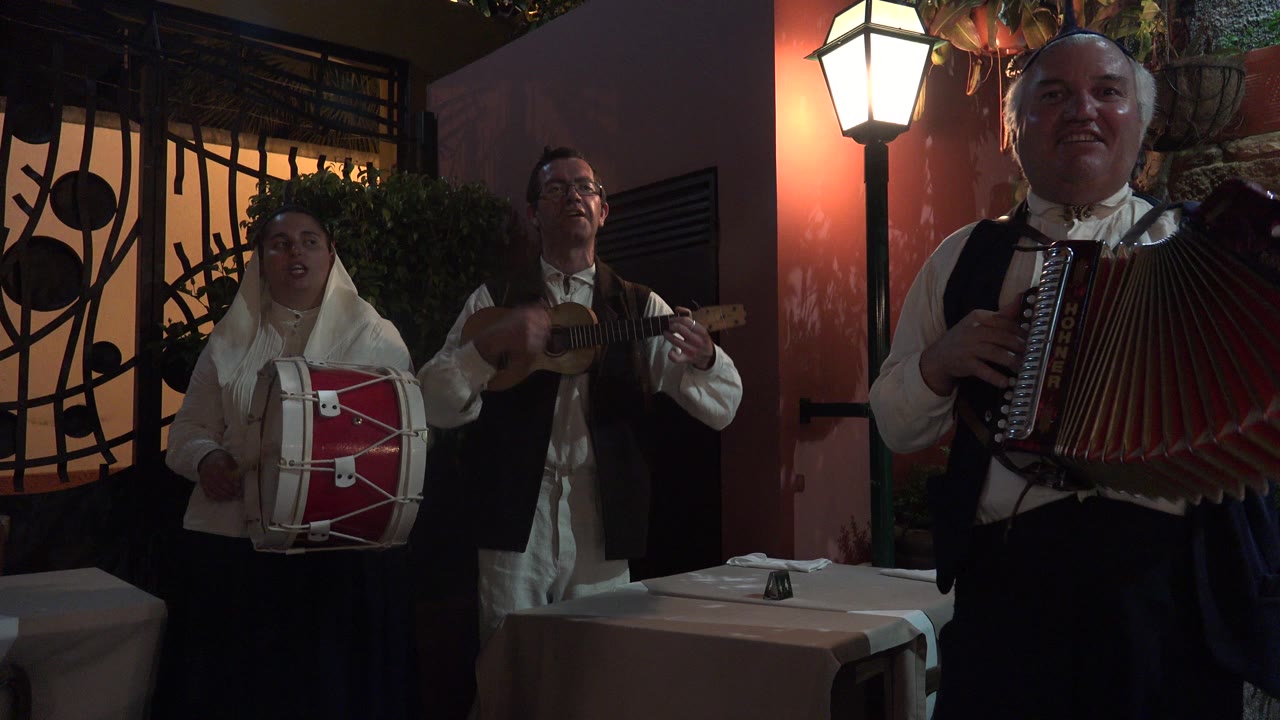 The accordion player is framed prominently in front while the drummer and guitar player remain behind him in the Madeira night restaurant scene.