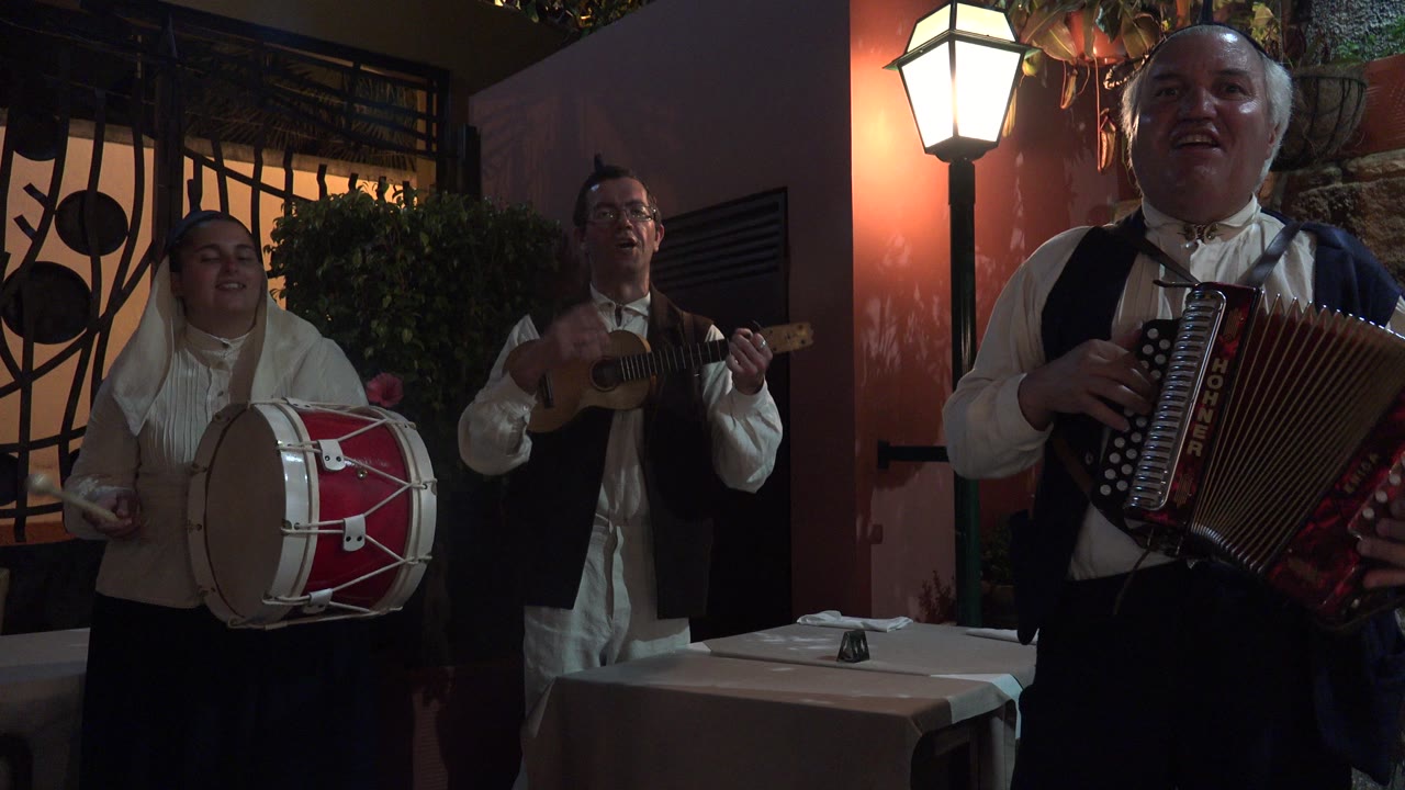 Three costumed musicians performing at night with drum, string instrument, and accordion.