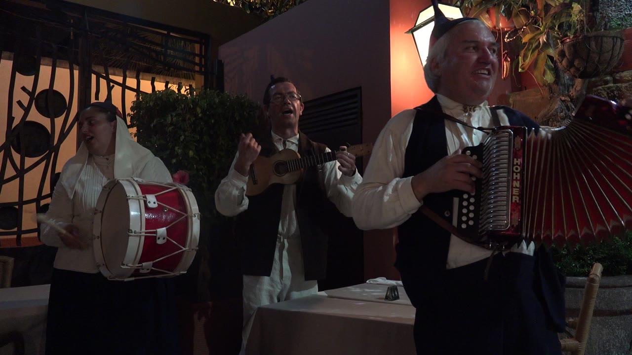 Traditional musicians with drum, guitar-like instrument, and accordion at night