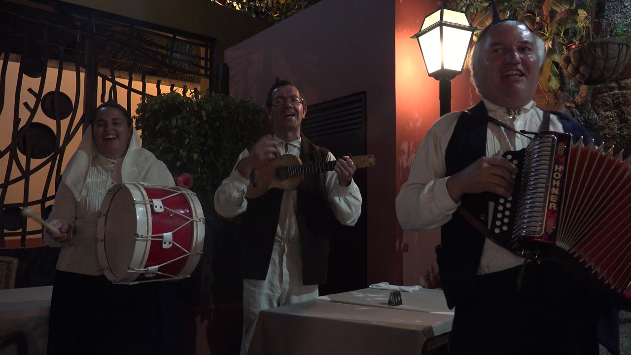 Three restaurant musicians with drum, guitar, and accordion under warm lighting.