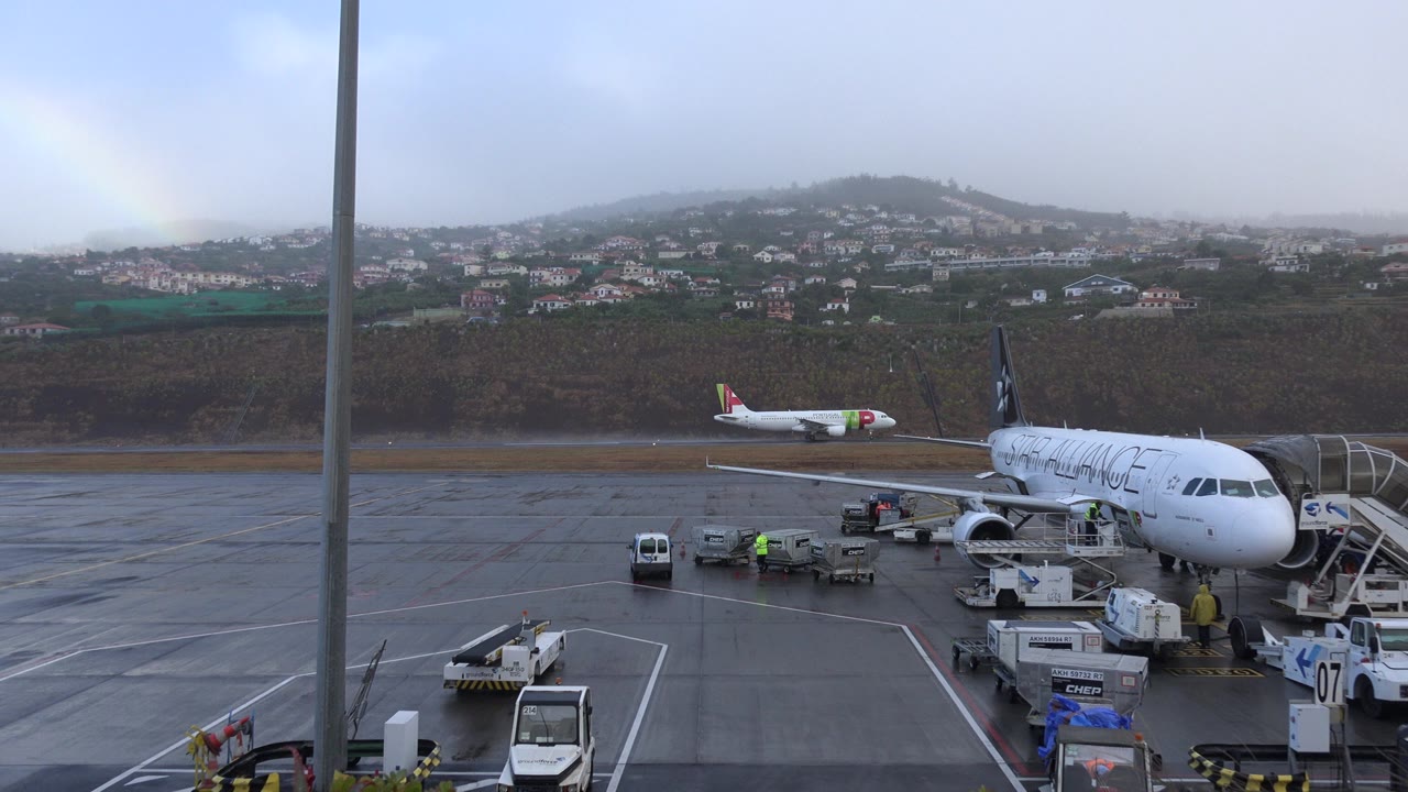A white aircraft remains centered on the wet Madeira airport apron while carts, trucks, stairs, and small ground crew figures sit around the nose and fuselage.