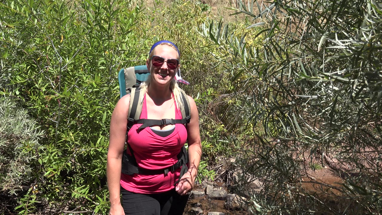 The blonde woman continues smiling at the camera in Golden, Colorado, with backpack straps across her pink top and leafy shrubs behind her.