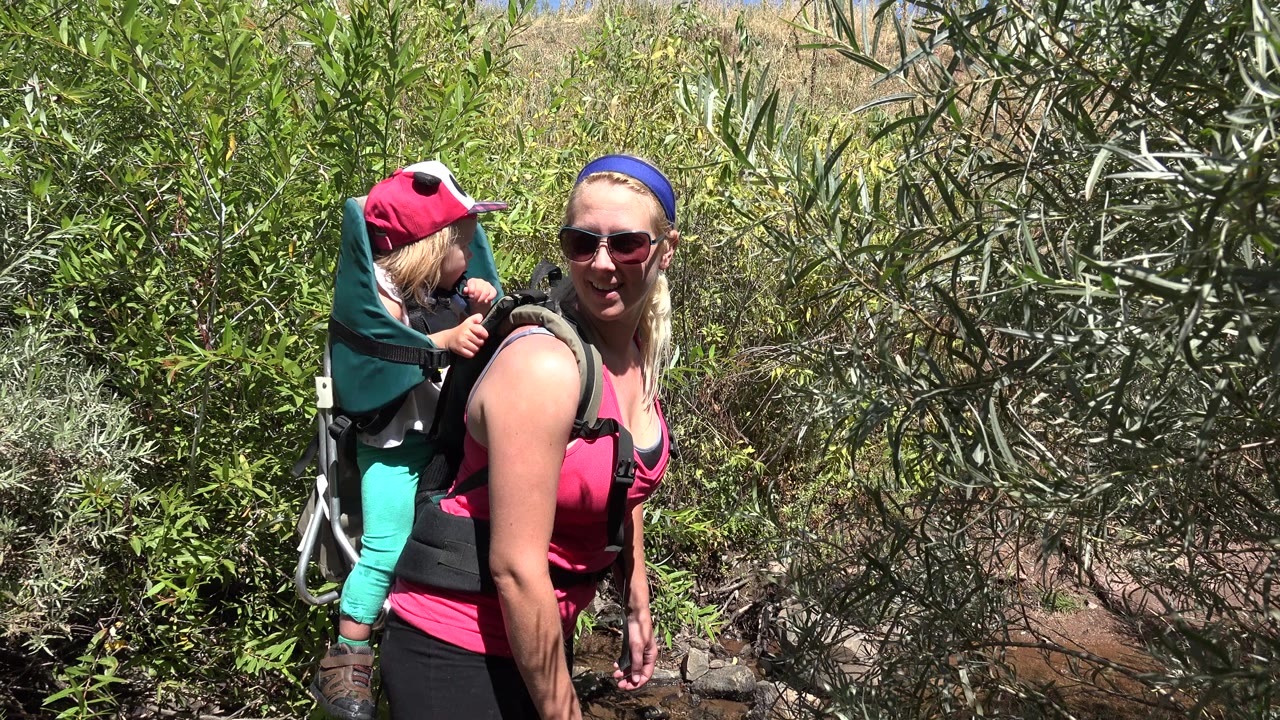 The woman and child remain near the left side of the Golden, Colorado frame while thin green branches fill much of the foreground and background.
