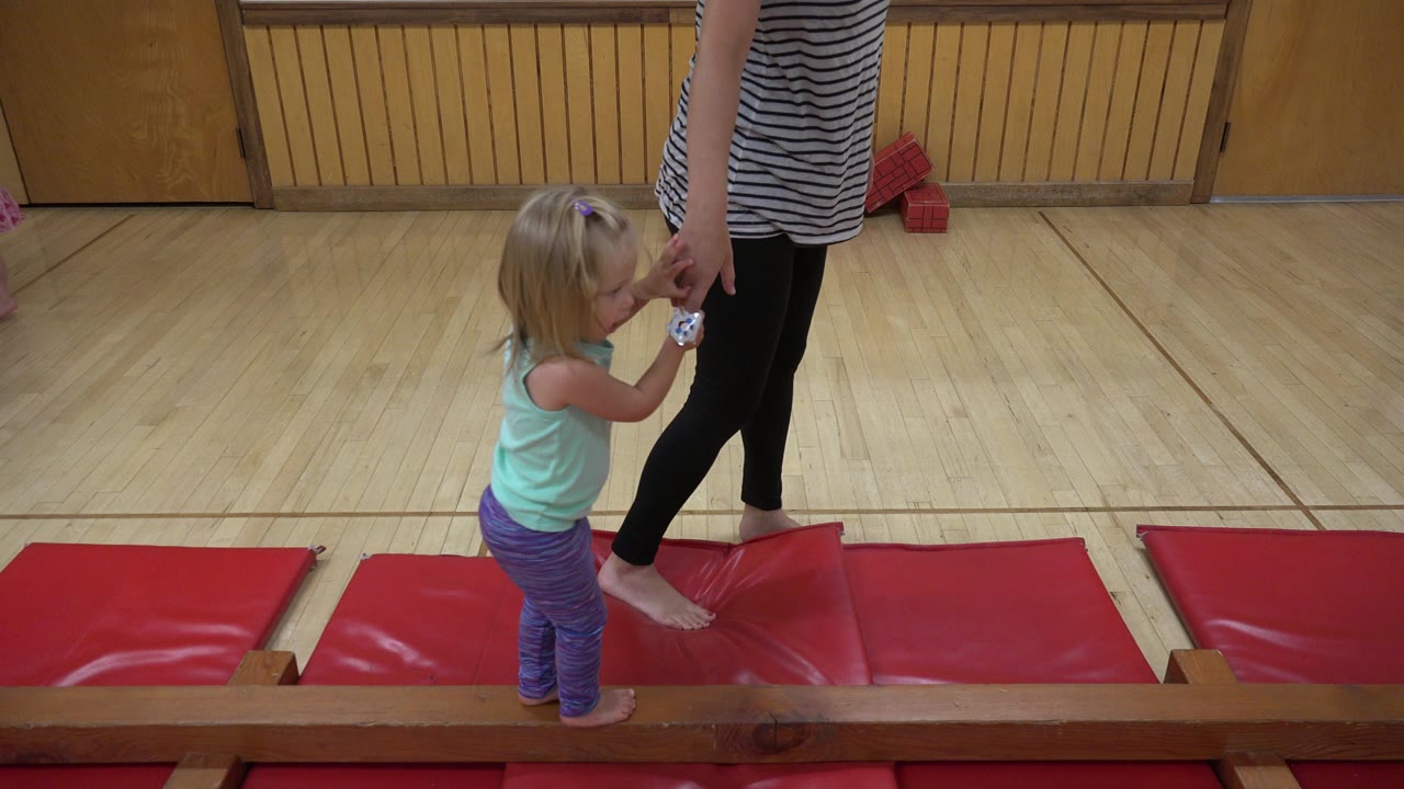 Young girl holding an adult woman’s hand beside a wooden beam and red mats.