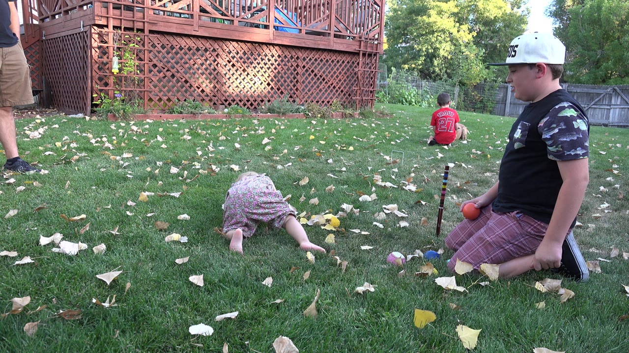 Children on a grassy backyard lawn near toys and fallen leaves.