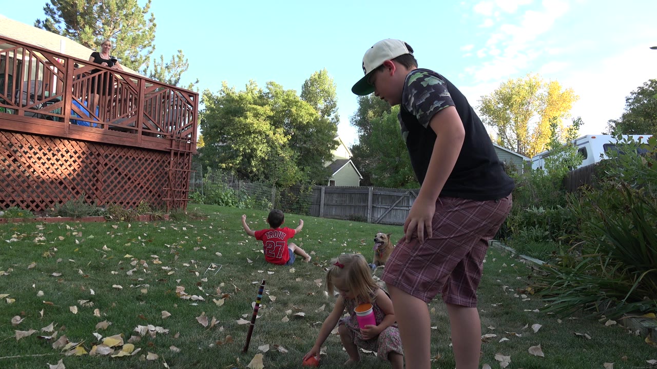 In Westminster, Colorado, a child in a red shirt faces the deck while an adult stands close to the camera and a small dog remains near the center of the yard.