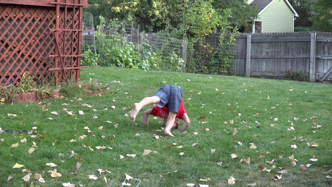 Boy beginning a tumble on a backyard lawn.