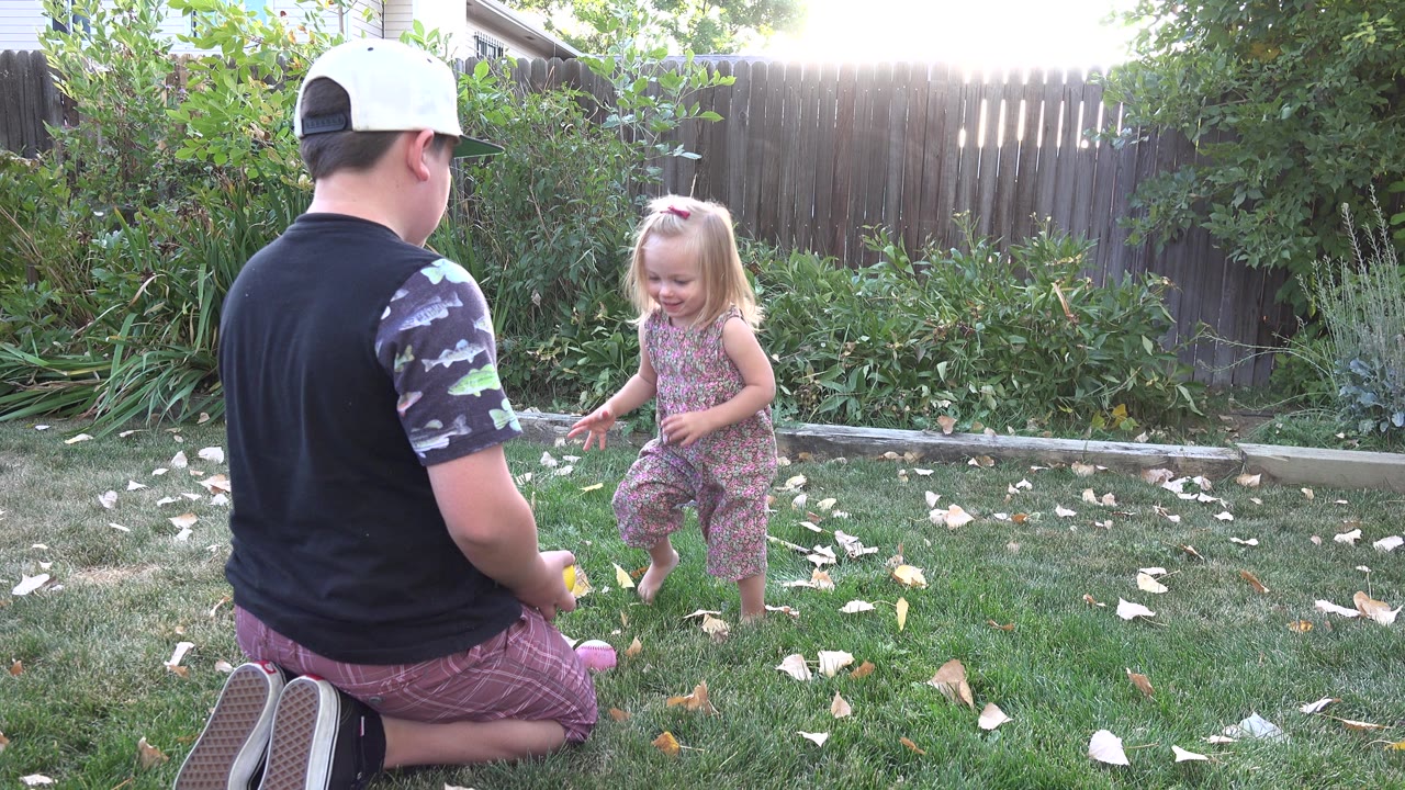 The Westminster backyard scene shows the kneeling man in the foreground while the young girl steps through the lawn with shrubs and fence boards in backlight.