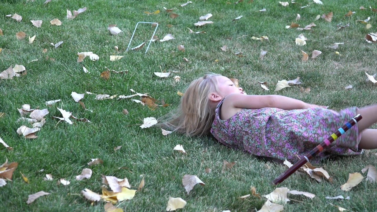 The girl remains lying on the Westminster lawn while a partial adult leg in plaid shorts steps into the upper right of the frame.