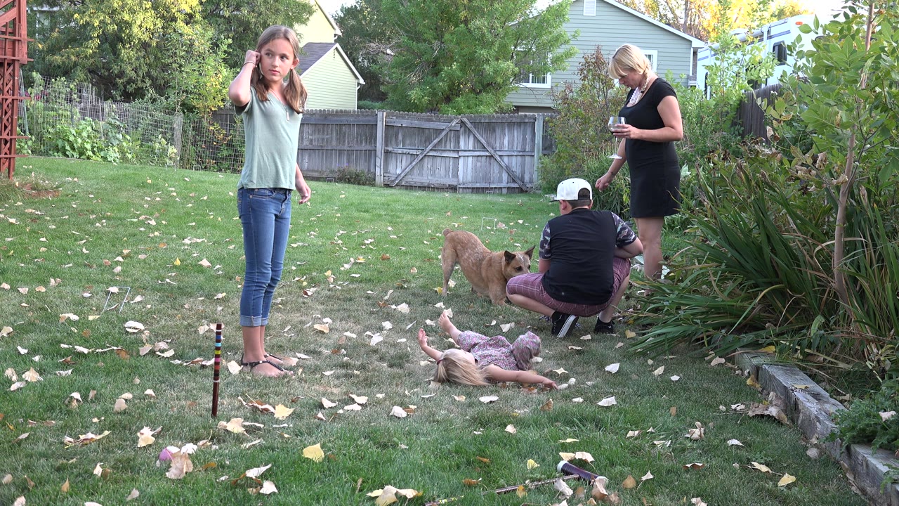 A girl faces forward in the Westminster backyard as a child remains on the grass and two adults stay near the tan dog beside the garden plants.