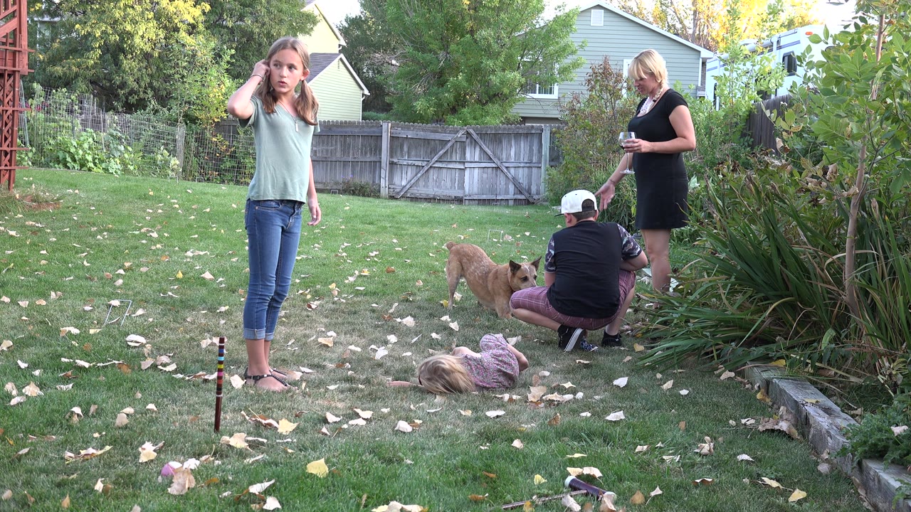 Girl stands in the yard while adults and a dog remain near the shrub bed.