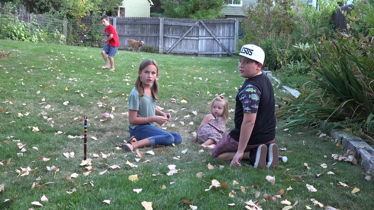 Children sitting on a backyard lawn while another child stands in the distance.