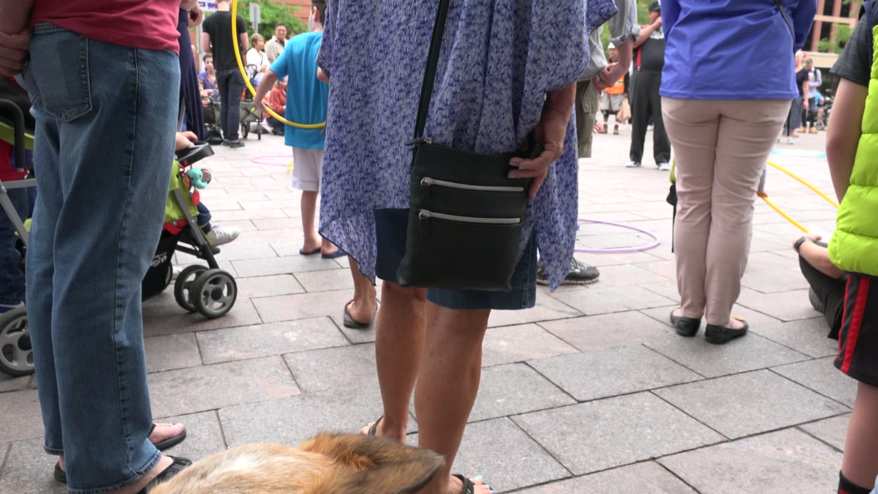 Crowd standing in a paved plaza near hula hoops and a stroller.