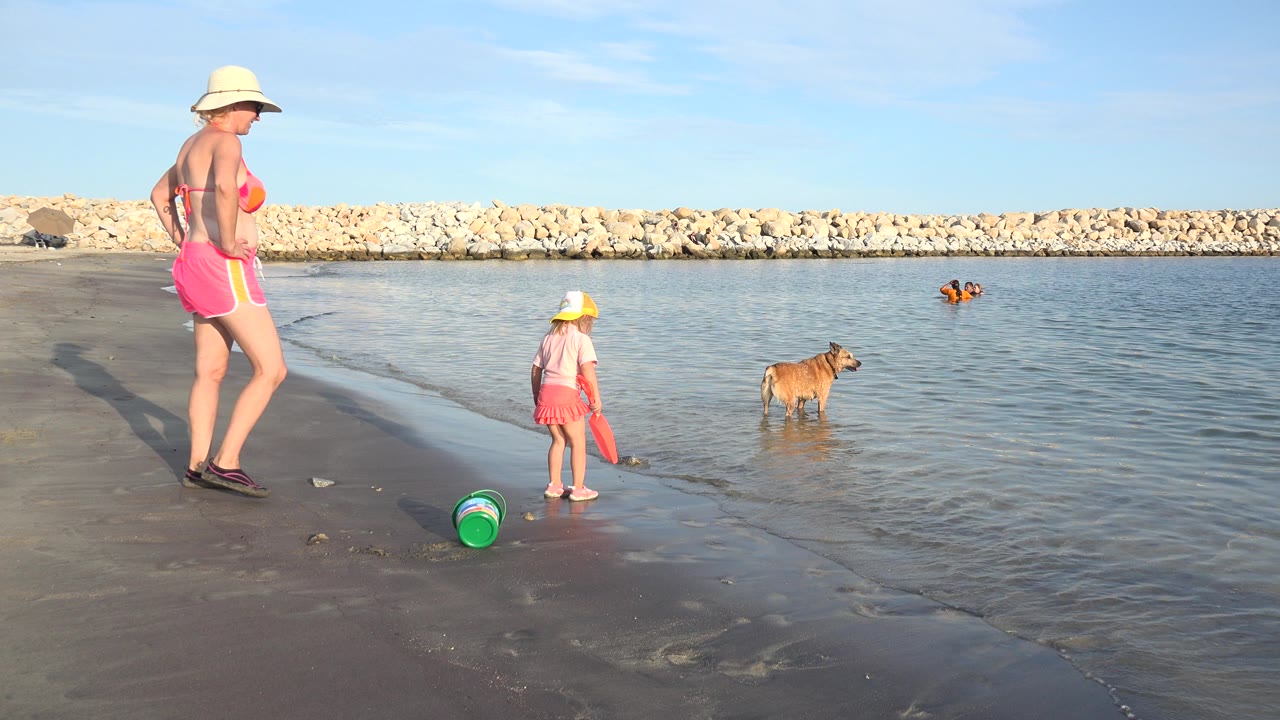 In Grand Junction, Colorado, the child stands closer to the waterline beside a green bucket while the woman watches from the sand and the dog remains in shallow water.