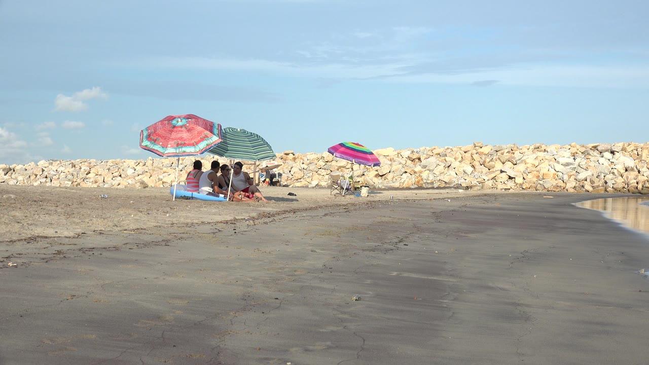 Umbrellas on sandy shore with people seated beneath them.