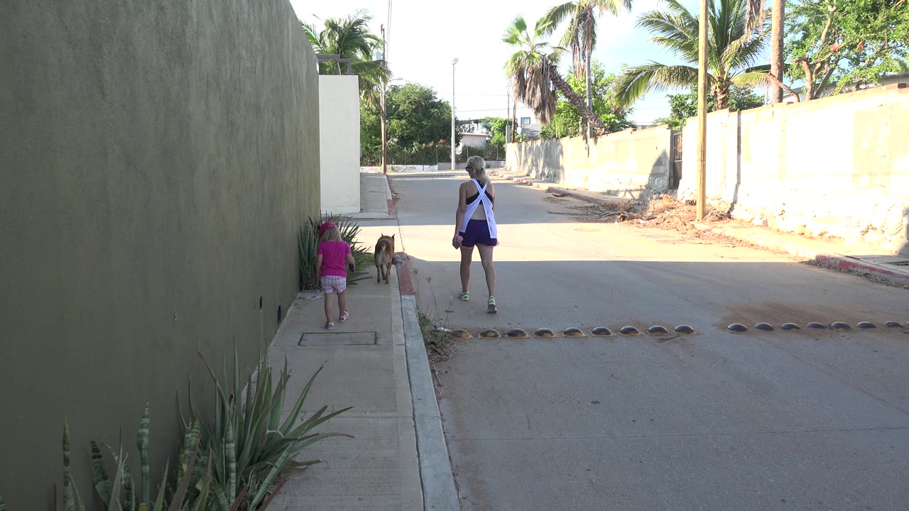 Woman, child, and dog walking along a shaded sidewalk beside a wall.