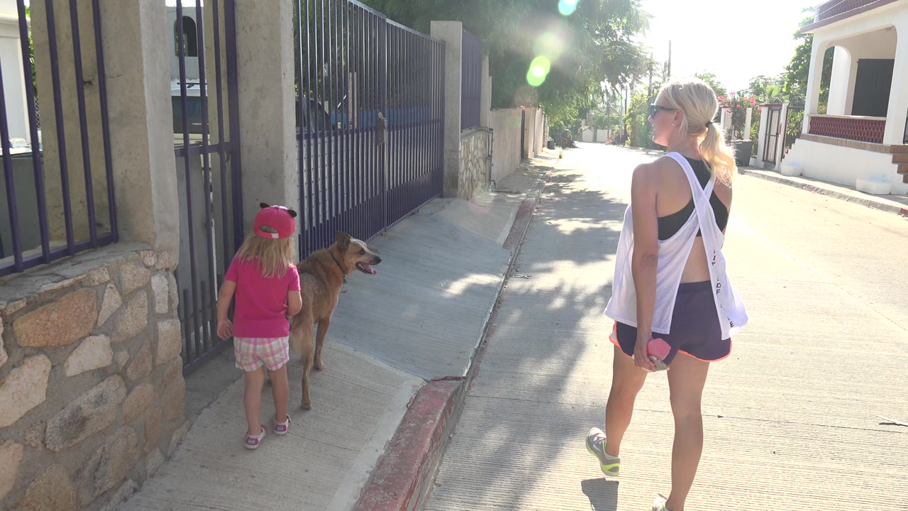 In Grand Junction, Colorado, the child and dog pause near the shaded gate area as the woman stands farther back on the bright street with houses ahead.