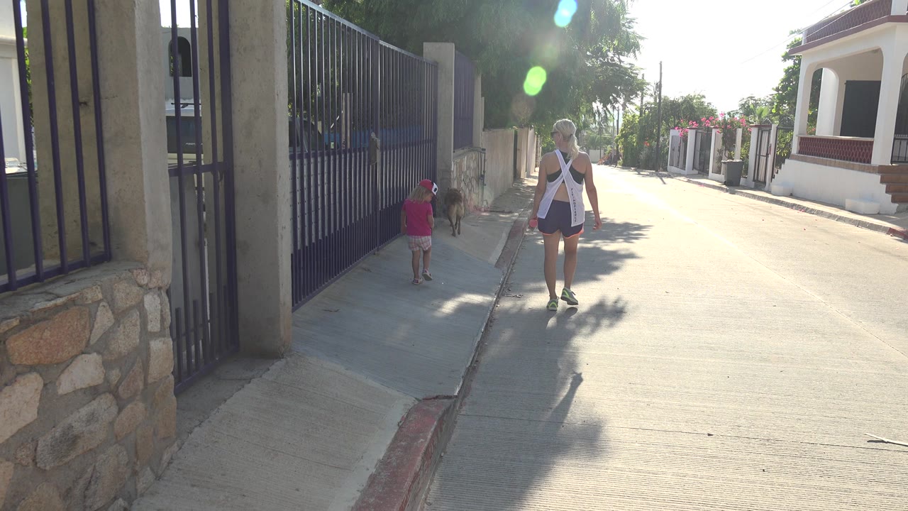 Woman, child, and dog near a black gate on a sunny street.