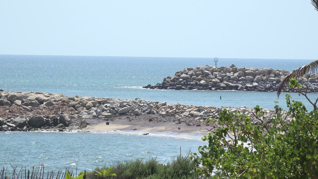 Opening frame of a Grand Junction, Colorado shoreline view with blue water, a rocky sandy strip, a rock breakwater in the distance, foreground greenery, and no visible people.