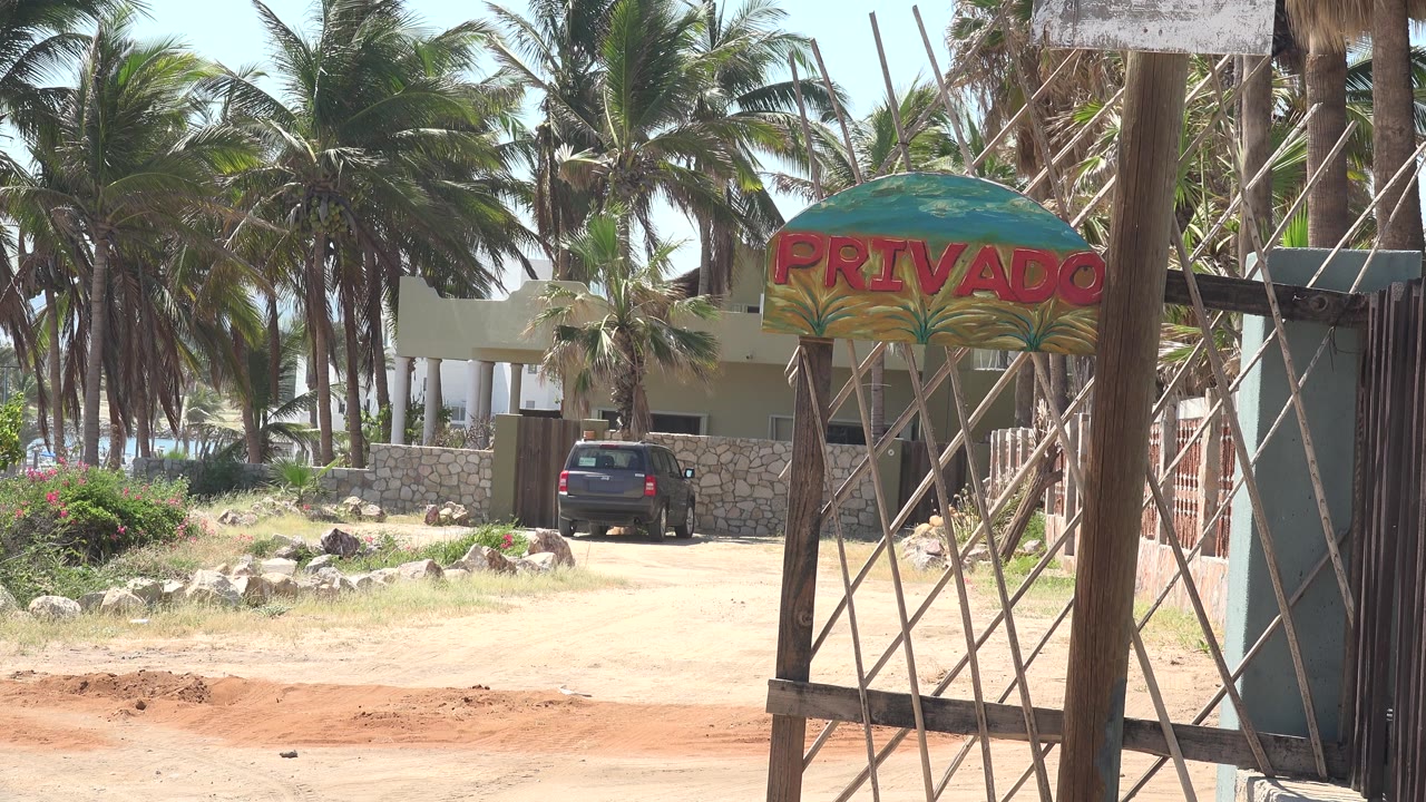 Dirt entrance road beside metal gate and palm trees