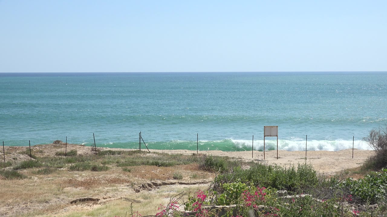 Wide shoreline frame from the Grand Junction Colorado 2017 clip shows blue ocean beyond pale sand, a wire fence, low shrubs, and no visible people.