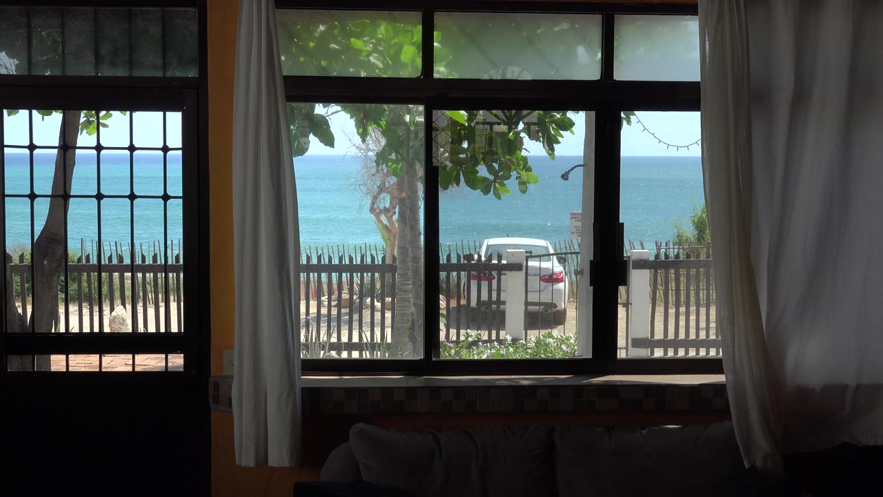 Interior curtains beside bright ocean view with fence, trees, and parked car.