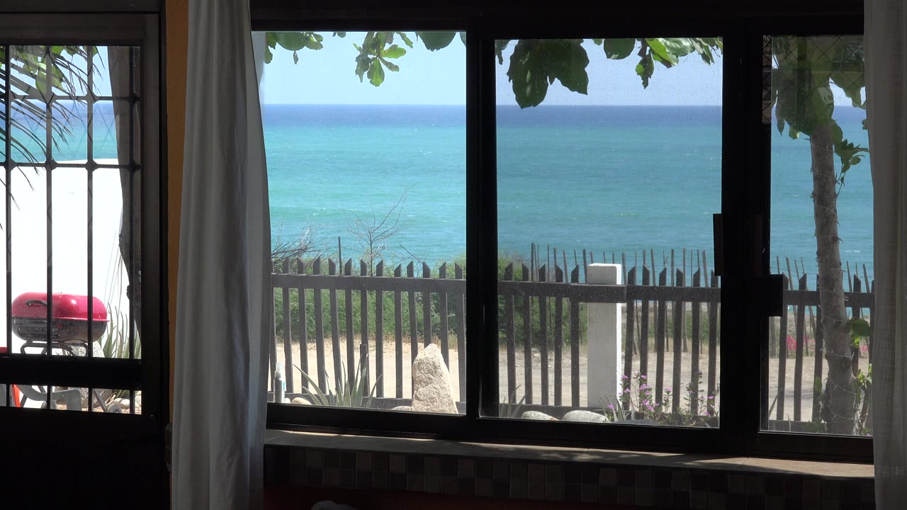 At 0:00, dark interior window frames and a white curtain border a Grand Junction cataloged view of turquoise water, beach fencing, leafy branches, a tree trunk, and no visible people.