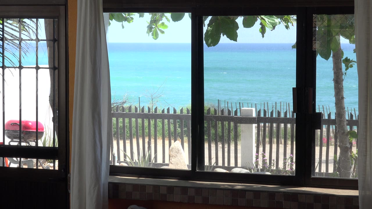 House window view with ocean horizon, fence, beach, trees, and shaded interior foreground.