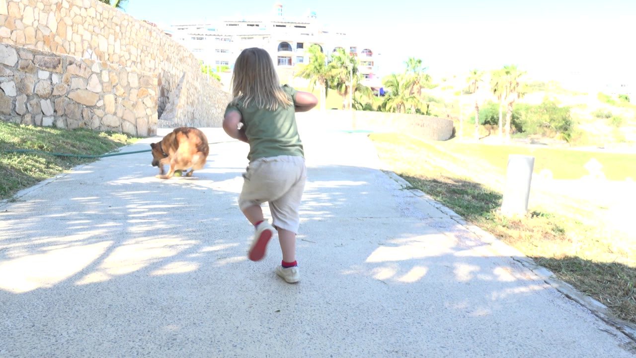 The girl is centered from behind while the brown dog keeps ahead on the sunlit path, with stonework and grass framing the route in Grand Junction, Colorado.