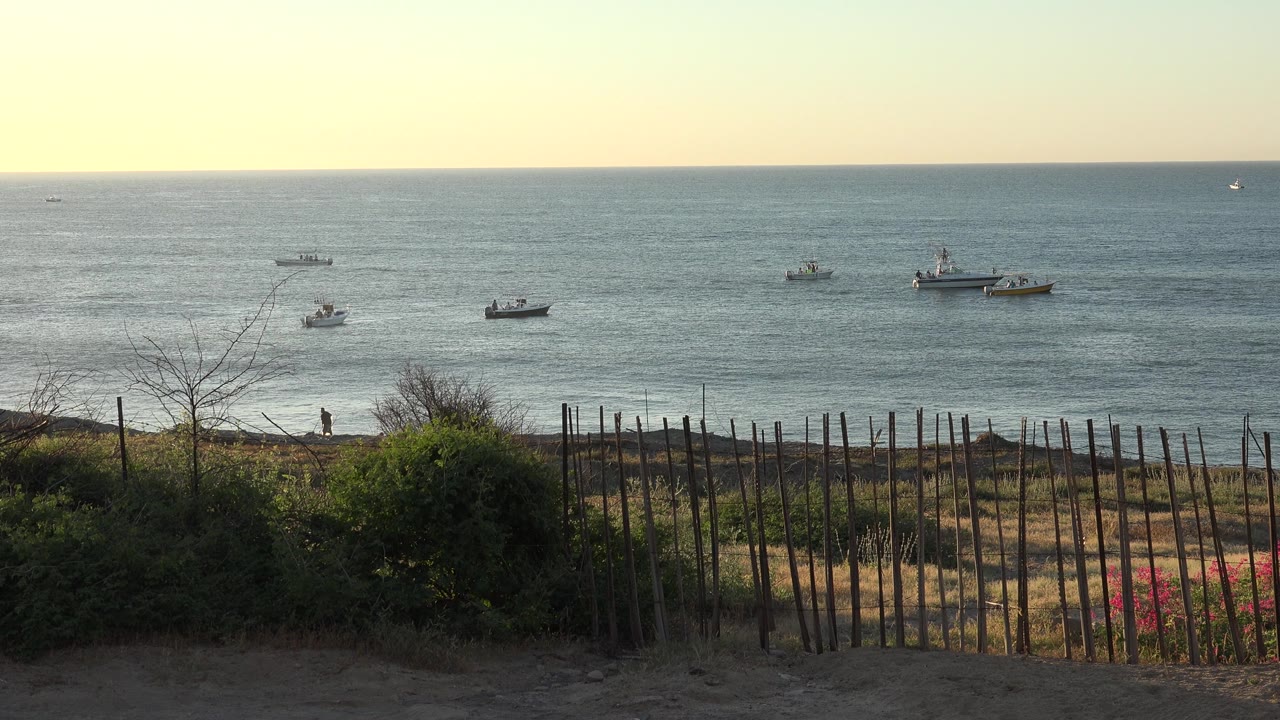 Small fishing boats remain spread across the lake near Grand Junction, Colorado, while the foreground fence and shrubs hold the lower frame.