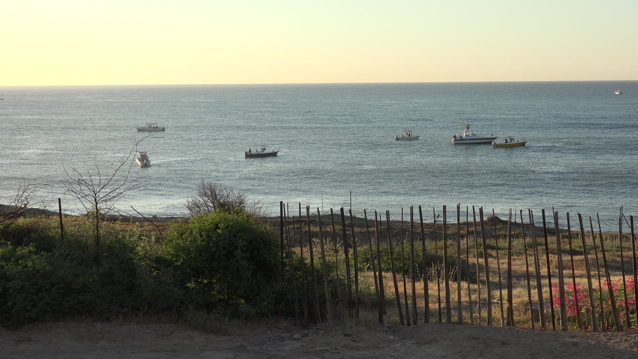 Grand Junction, Colorado beach overlook at 0:00 with dark foreground shrubs, a slatted fence, gray-blue water, several small boats offshore, warm sky, and no visible people.